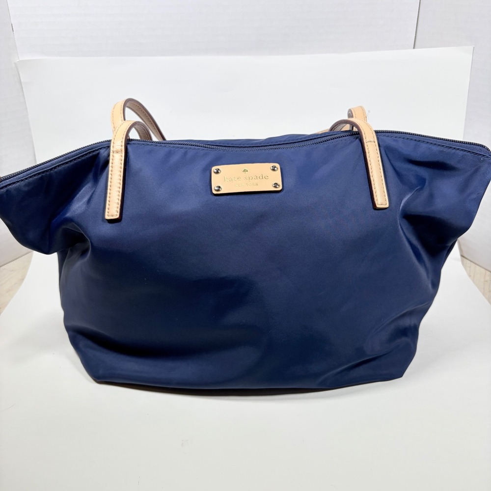 Kate Spade Kennedy Park Nylon Sophie Tote Navy Blue Tan Leather Shoulder Bag